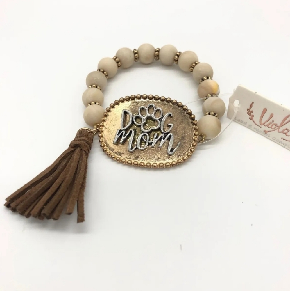 Dog Mom Stretch Viola Bracelet with Brown Tassel